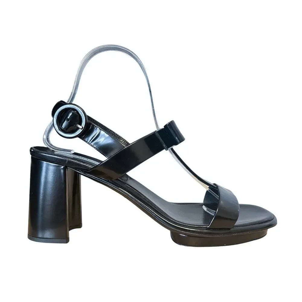 Prada Black Patent Leather T Strap Bow Open Toe Block Heel Sandals 40